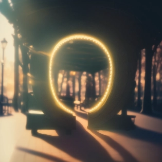 8k, masterpiece, intricate details, complex detailed background, omega, park bench, harsh lighting, docks, twilight, dark dimension, wide angle, art by life_is_strange and maromisagi AND light leaks