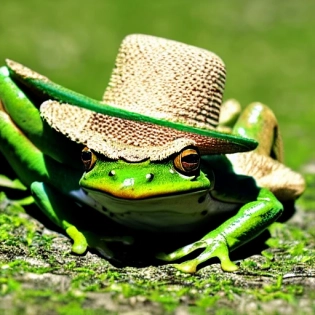 frog, green, a bit of reality, on a green meadow, with big round clear eyes, in sunny weather, 4K, 3D, catches mosquitoes overhead with tongue, in a straw hat, 35mm