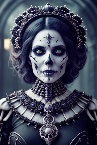 a beautiful skeleton woman dressed in a queens attire, queen of the underworld, deep blue eye sockets, detailed eyes, living dead, morbid, unholy, a living dead, fantasy, extremely intricate, cinematic, hyper realistic, hyper detailed, cinematic, absurdres, 4k, 8k, UHD, HDR, octane render, unreal engine