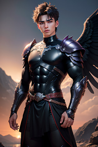 very masculine pose. masterpiece, best quality, high quality,extremely detailed CG Mythology, Greek god. mythical Age. (1Teen) Handsome. Image 8k, Enhanced graphics, Good quality, volumetric lighting. wears open black shirt, Aesthetic male angel (good anatomy) in black tunic, ((Black tunic: 1.3) looks like a teen around 16 years old, (teenager) black and scarlet wings behind his shoulders (large black and red feathered wings: 1.3), black-scarlet wings spread wide, black-scarlet feathers catching the light, dressed in a (black armor: 1.2) dream world behind him landscape , glow, wears armor that seems to be made from the same universe, with stars and constellations visible around him, his arms are very muscular, his countenance is gentle and beautiful, but somehow terrifying. ((MEXICAN features) tan skin, (violet eyes: 1.1), moonglow, mythology, manly, teen, handome boy, perfect boy, winged god, delicate lighting, cinematic lighting