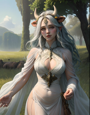 Tarot card for the Audmala- Norse Goddess of Nourishment - having super body of a cow and lower body of a woman, (Hybrid, Face of Cow, body of woman), wearing see through white cloth drape
 [big human breasts covered in a see through cloth] holding grains in one hand and a dripping vessel of milk in one hand, standing in a green grass and wheat field full of cows ((masterpiece, best quality)) (hd quality 4k)), ((mystical, divine)), ((divine clothes)) ((beautiful body, beautiful limbs)) ((hyperdetailed cow face)) ((beautiful small horns)) divine aura