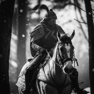 Japanese ink art, black and white, panoramic view, Samurai riding a horse in a snowy forest Cinematic lighting, Unreal Engine 5, Cinematic, Color Grading, Editorial Photography, Photography, Photoshoot, Shot on 70mm lense, Depth of Field, DOF, Tilt Blur, Shutter Speed 1/1000, F/22, White Balance, 32k, Super-Resolution, Megapixel, ProPhoto RGB, VR, tall, epic, artgerm, alex ross, Halfrear Lighting, Backlight, Natural Lighting, Incandescent, Optical Fiber, Moody Lighting, Cinematic Lighting, Studio Lighting, Soft Lighting, Volumetric, Contre-Jour, dark Lighting, Accent Lighting, Global Illumination, Screen Space Global Illumination, Ray Tracing Global Illumination, Red Rim light, cool color grading 45%, Optics, Scattering, Glowing, Shadows, Rough, Shimmering, Ray Tracing Reflections, Lumen Reflections, Screen Space Reflections, Diffraction Grading, Chromatic Aberration, GB Displacement, Scan Lines, Ray Traced, Ray Tracing Ambient Occlusion, Anti-Aliasing, FKAA, TXAA, RTX, SSAO, Shaders, OpenGL-Shaders, GLSL-Shaders, Post Processing, Post-Production, Cel Shading, Tone Mapping, CGI, VFX, SFX, insanely detailed and intricate, hypermaximalist, elegant, hyper realistic, super detailed, dynamic pose, centered, photography --v 4