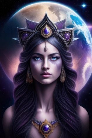 The warrior goddess stands tall on a desolate planet| her muscular body rippling with power and strength| her hair is long and flowing| a mixture of black and silver strands that shimmer in the light| her face is beautiful yet fierce with sharp cheekbones| full lips| piercing blue eyes that seem to see right through you| the sky above her a mixture of deep purples and blues| reflecting the intense light of the nearby star| the artwork is composed in a hypermaximalist style with every inch of the canvas filled with intricate details and patterns| the use of light and shadow is particularly striking with the intense light of the star casting deep shadows across the planet's surface| the artwork is a groundbreaking and breathtaking masterpiece