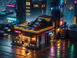 LEGO cyberpunk night scene, highly detailed, super high resolution, 8K UHD --v 6