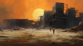Amidst the vast desert landscape in Blade Runner: 2049, a dust storm engulfs the surroundings, obscuring visibility, tattered remnants of a once thriving city can be seen partially buried in the sand, conveying an eerie and post-apocalyptic atmosphere, Painting, acrylic on canvas, bold brushstrokes capturing the chaotic motion of the storm, --ar 16:9 --v 5