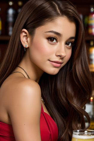 Arafed woman with long brown hair and a red dress, Retrato de Ariana Grande, Ariana Grande, ariana grande photography, Cerveza Madison, Retrato de la chica cervecera de Madison, Cerveza Madison, dark brown hair and tanned skin, brown-hair, brown hair, brown hair and large eyes, long brown hair, Retrato Sophie Mudd, brown long hair, Cerveza Soft Devil Queen Madison