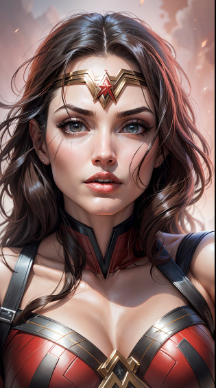 A closeup of a woman in a red and black costume, Wonder Woman, sexy Angelina Jolie painting, Angelina Jolie hybrid, super sexy Angelina Jolie, dressed as Wonder Woman, Superhero body, Portrait of Wonder Woman, Angelina Jolie as Wonder Woman, ultra high resolution costume, hyper detailed costume, comic book character, DC Comics style, perfect anatomy,  hands with 4 fingers and 1 thumb, rendered in 8K resolution for high quality detail, 8K image quality, 8K high resolution image, hyper detailed, super realistic, intricate details --auto --s2