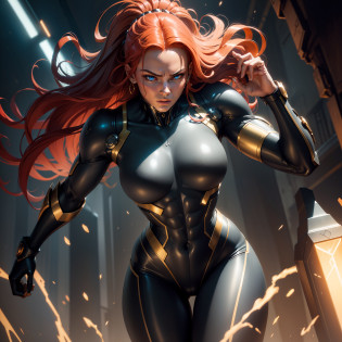 Describe, in rich detail, the perfect appearance of a giant cyborg man with blue eyes, black skin, and red hair. Focus on body quality and perfection, highlighting your physical attributes and the grandeur of your presence, especially highlighting the golden hammer in your right hand.

Additional instructions:

Emphasize the fusion between technological and human elements.
Describe the details of the body, the appearance of the face and the style of the hair.
Explore the imposing presence and strength that the character conveys.
Example:

Before you stands a colossal figure who unites the human essence with technology with an indescribable perfection. The cyborg giant dominates the space with his imposing presence. His piercing blue eyes shine with unparalleled intensity, emanating an aura of mystery and power. In contrast, the perfectly crafted black skin stands out, underscoring its singular beauty.

Her red hair, a reminder of her past humanity, is meticulously styled in a modern, futuristic cut, perfectly complementing her unique look. Each strand of hair seems to vibrate with an electrifying energy, underscoring the contrast with her flawless, gleaming skin.

The cyborg's body is a perfectly engineered symphony. His gigantic stature, reaching heights beyond the ordinary, gives him an imposing and dominant presence. Each precisely sculpted muscle displays unparalleled strength and power. Its dark-hued metallic skin enhances its immunity to the passage of time, while its smooth, fluid joints exhibit a surprising harmony between humanity and technology.

In his right hand, the cyborg wields a solid gold hammer, the golden glow of which glows under any source of light. Every detail of the hammer is meticulously crafted, and its majestic appearance stands out amid the cyborg's metallic immensity. The weight of the hammer is perfectly balanced, giving the giant an impressive dexterity to --auto --s2
