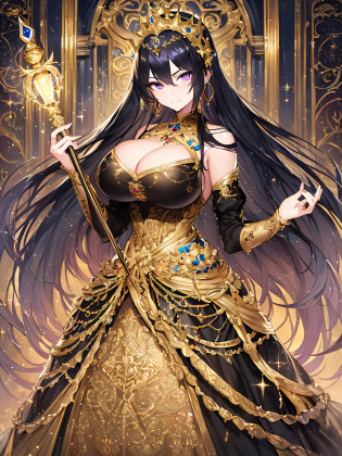 ((anime artstyle)),(Masterpiece),(Best Quality),(Super Detail),(Very Delicate and Beautiful),Solo,((full body)),((BlingBling)),((1 arrogant princess in beautiful embroidery black and gold gorgeous rococo ballgown with  voluminous full length hoop skirt)),((crinoline)),gorgeousfull embroidery,Long train((arrogant,haughty)),(((arrogant smile))),Sharp eyes,(holding a luxurious scepter),((gorgeous gemstone jewelry)),detailed face and eyes,jewel-like eyes,Purple eyes,(Bangs between eyes),((large amount of straight hair,extremely Long voluminous black Hair)),((gigantic tits,Long tits)),gorgeousfull embroidery,cleavage,extremely gorgeousfull hair ornament,(bling-bling extremely gorgeousfull jeweled tiara),gorgeous corsage,(Dynamic Angle),Looking at viewer,((full body)),((beautiful embroidery and glitter jeweled black and gold gorgeous rococo ballgown with voluminous full length hoop skirt))