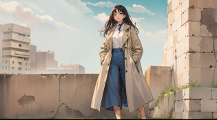 Allafed woman in trench coat and wide pants standing on the wall, dressed with long fluent clothes, casual clothing style, Wearing a duster coat, Long coat, trench coat, simple style, trench coat, material is!!! plum!!!, Wearing a trench coat, coat pleats, Wearing a trench coat, Wearing a long trench coat in beige,Blue pants?Gray skin. grunge, Styling?Ruins?Buildings eroded by vegetation,