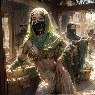 in a panoramic view?photorealestic?Full body like?In coastal cities?Modern luxury Arabian slave market?Slave girls monopolized the market?Six masked Arab slave girls were tied to the podium?binding?enslavement?Gaggage?bound waist?Blindfolded?handcuff?anklet?For people to choose?Luxury carpets?tapestry?Arabian luxury d�cor?Many Arab masked beauties?All Arab Beauty employees?All-Arab female guests?Masked woman in background opens wooden box?Drag out the bundled one?Slave girl trapped in a wooden box?A row of veils and masks on a luxury booth?Beautiful women wearing only underwear wear wear gorgeous burqas?There are female guests wearing veils?The masked female boss introduced on the side?professinal?Meistwick?commissioned?best qualtiy?color corrected?After fixation?Retouching?Improvement?Epic?Tone-mapping?the detail? highly  detailed? digitial painting? art  stations? Conceptual map of the long dam? Smoothness? Sharp focus? Beautiful illustration? photore? The light from the back window is backlighted? ????? Mist? ??? cinematic grain? professinal? face to the viewer??Beautiful m3d_woman? Perfect M3D_face,?? Volumetriclighting? subsurfacescattering? Good highlights? Good shadows?All masked? cinematic ligh