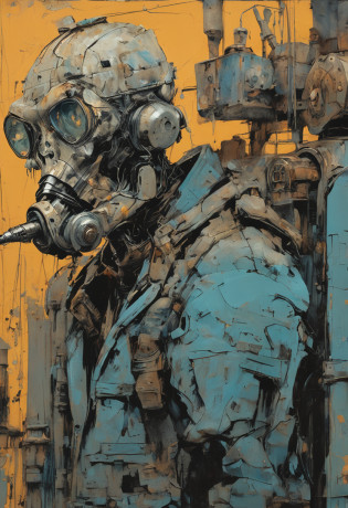Ashley Wood?Ashley Wood?Realistic paintings created in Van Gogh's unique style?Depicted ((Blue rusty cyborg drinking whiskey in a post-apocalyptic bar)),