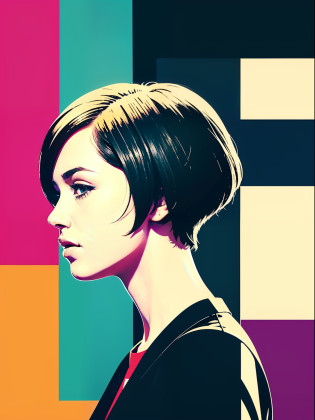 Short hair girl watch anime?pop-art?typographic?Vintage paper?trichotomy?Trends on ArtStation?Ultra HD solid color block There is only one person background solid color block