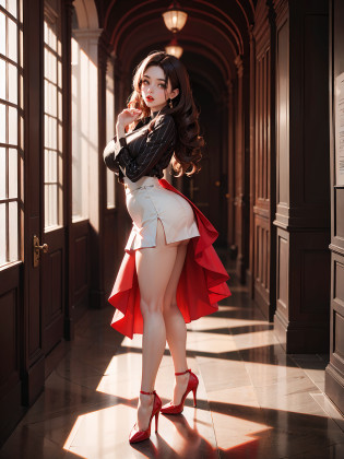 woman in a black and white striped skirt and red high heels, black and white color, black and white and red, red and black and white, black white clothes, beautiful short skirt, in black and white, tight skirt, beautiful face, pretty face, beautiful thighs and legs, red high heels, red shoes, stripe skirt, tight skirt, black shirt, tight dress, beautiful thighs, she has brown hair, long brown hair, beautiful hair, sex face expression, sexual expression, red lips, outdoor background, in front of hotel entrance, brown curly hair, thicc, big thighs, thicc waist, beautiful face, very pretty, tight skirt