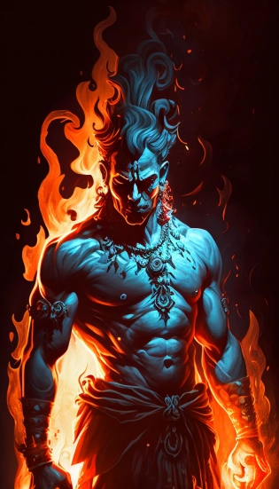 Lord Shiva, Indian mythology, one piece character, symmetric body, holding a three-pronged spear full body, extremely detailed, cinematic lighting, high contrast, artstation, character concept art, 8K:: background flames --q 2 --v 4 --stylize 600 --ar 9:16 --s 750 --v 5. 1