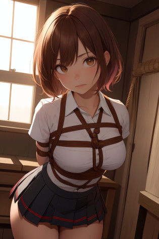 bound arms, arms behind back, rope, highres, highest quallity, illustration, ultra detailed, (detailed face), (detailed eyes), soft lighting, best quality, hyper detailed, masterpiece, looking at viewer, angry, open mouth, 1girl, solo, short hair, brown hair, school uniform, skirt, (colorful), upper body, shack, window, night,