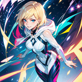 highres, highest quallity, illustration, ultra detailed, cinematic lighting, best quality, hyper detailed, masterpiece,1 spider-gwen girl, blond shaved sides hair, blue eyes, smile, solo, spider-gwen suit, spider gwen mask, hood, medium breasts, light rays, (colorful), (standing:1.2), cool tones, night time