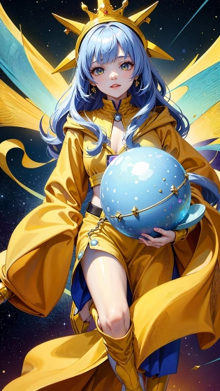 1girl, gradient color hair, spinning universe in the full space, (((Aldebaran in the background))), Wears a yellow hooded robe, (((((king in yellow)))))