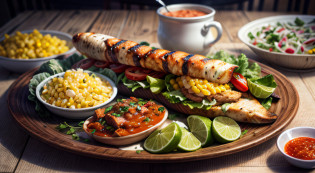 high detail, ultra realistic, delicious food, wrap with salad, chicken, tzatziki, hot sauce, cheese, corn, kidneybeans, bamboo, spring onions, grilled onions, cut open