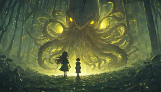 [ultra detailed], (extremely detailed), Dynamic angle, 6 years old beautiful child sitting on a bench reading a book, (magic book) English park at night, 19th century English lamppost light, Nightmare illustration, An eerie fantasy illustration, Fantasy book illustration, Lovecraft illustration, inspired by H.P. Lovecraft, Storybook illustration, Nightmare in the park, Inspired by Lovecraft, Dark fantasy illustration, Lovecraft art, Storybook illustration, Storybook illustration, ((Tentacled monster in the back)), Realistic fantasy illustration, streaked hair, light brown hair, glowing eyes, flustered, depth of field, cinematic lighting, ray tracing, god rays, vanishing point, from below, Wide-Angle, Romanticism, Romanticism, Romanticism, En plein air, cinematic lighting, god rays, backlighting, 35mm, Canon, atmospheric perspective, high details, best quality, 8k, Masterpiece, best quality, 8k, award winning, UHD, anatomically correct, best quality