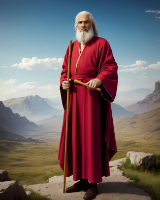 a man dressed in a biblical costume holding a staff, Moses, biblical clothes, biblical epic film, inspired by Moses van Uyttenbroeck, fully clothed in red robes, inspired by Nicomachus of Thebes, epic biblical depiction, wearing red robes, Nicodemus, jeremiah, biblical art style, daniel, inspired by Abraham Begeyn