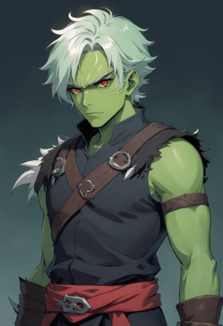 half orc, green skin, male, close up portrait, fantasy look, rpg character, medieval fantasy, white hair, red eyes, 1.90 height, muscolar, half-body shot, scars, ((Taper Haircut + Brushed Up man's hairstyle)), black boots, fullbody ((fullbody)), 40years, muscolar body, black outfits, ((black fantasy outfits)), ((deep green skin)), fangs