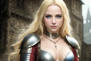 full body portrait of a beautiful female knight in a medieval fantasy town, lovely girl, necklace, ultra detailed face, detailed realistic eyes, perfect makeup, photo realistic, insane level of detail, long wavy hair, gorgeous face, nsfw, flirty facial expression, rpg style, cinematic, atmospheric, rainy weather, digital art painting by greg rutkowski, 8k