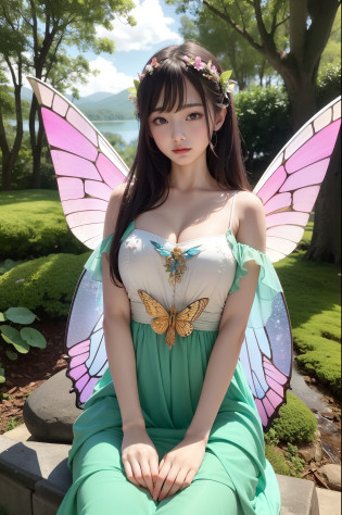 sitting on?Fairy of light appeared in the forest at dusk in spring. She is a beautiful,Big fairy wings, Bright female figure with stained glass butterfly wings on her back. She wears elaborate and delicate ornaments. Fantastic forest fountain with wildflowers. Detailed drawings. Vivid colors. high?Lake at dusk?The lotus flowers?pink  dress?top-quality?bokeh dof?Front Focus?Fog?Cuticle hair