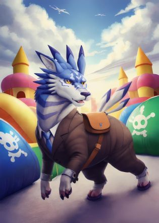 masterpiece, best quality, weregarurumon,  Beautiful Art Style, suit with handbag, dimensional, bouncy castle, , <lora:WeregarurumonFRL18_50:0.8>  <lora:Stallion-10:1.2>