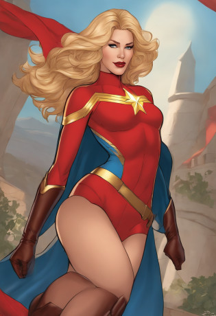 Carol danvers, Captain Marvel, Mar-Vell, sleeveless turtleneck leotard, wavy hair, very long hair, blonde hair, blue eyes, large breasts, big breasts, huge breasts, detached sleeves, elbow gloves, thong leotard, superheroine, marvel, thighhighs, thigh high boots, thighs, red sash, red sash around waist, captain marvel, thigh highs under boots, thighhighs under thighhighs, thighhighs under pantyhose, no skirt, no pants, no sleeves, sleeveless, garter belt, garter belt,