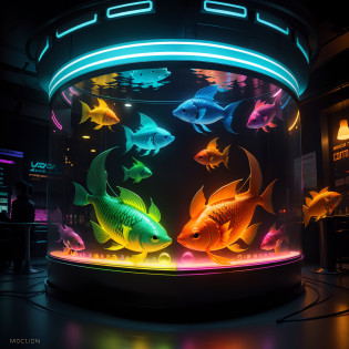 voluminetric lighting, , Glowing goldfish pattern, Highly detailed neon lights, , holographic projections, Cyberpunk goldfish, Cyberpunk goldfish,Colored goldfish, ultra�-�detailed?ultra�-�detailed