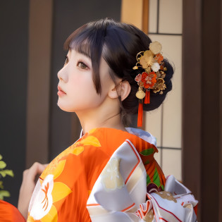 (Traditional beauty,geometrical:1.2)(Painting style:Hanfu style)Wearing Chinese-style Han clothes,Wear a hair ornament of the same color,Japanese-style women's makeup and dress,Lurking in the style of Japanese culture,Observe the vignetting,Late at night alone,Sweet face,Intoxicated expression,The orange costume shimmered