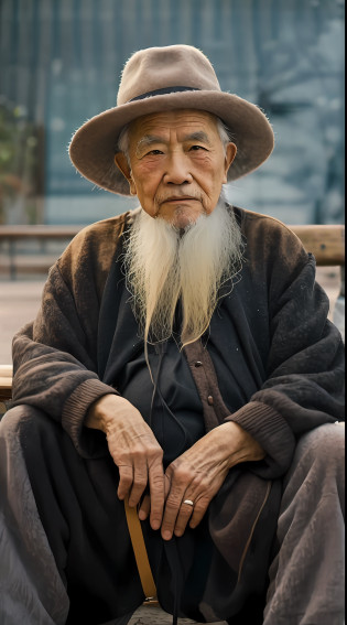 arafed man with a long beard and a hat sitting on a bench, Wise old man, An old man, portrait photo of an old man, Old man, man asian, old man portrait, an 80 year old man, old male, peaceful expression, perfectly centered portrait, photo of a man, chinese artist, a old man