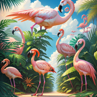 colorful flamingos+zebras in jungle with palm leaves and blue sky, zebra, tropical jungle, by Hildebrandt, hyper realistic, surrealist, by David B. Mattingly, flamingos, flamingos, jim warren, mysterious jungle painting, hildebrandt, tropical birds, flamingo, tropical paradise, by Thomas Dalziel, amazing background, beautiful nature, laurent durieux, by Joe Jusko, by Brian Thomas, by Wayne England,  breathtaking, 8k, masterpiece, cinematic, ultra Hd, masterpiece, award-winning, 3D rendering