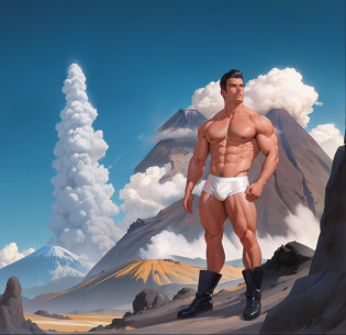 arafed man in white transparent wet underwear standing in front of volcanos, mount bromo and mount olympus, beefcake pose, he is wearing black leather shiny glossy boots, muscular! white, muscular men, inspired by Brothers Hildebrandt, super buff and cool, muscular man, inspired by the Brothers Hildebrandt, muscular male, very muscular male body, large muscles, sexy muscular body, muscular! fantasy, muscular!!, muscular male body