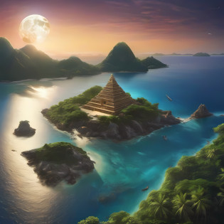uninhabited island?Pyramid-shaped uninhabited island?sima?sand beach?The only island on Earth?the ocean at night?moonlights?Moonlight illuminates the top of the pyramid?fullmoon?starrysky?stele?shooting stars?Meteor swarm?Wide Angle?An isolated island in the sea?sima?((Putting the whole island in the composition:1.5))?Sea around the island?
