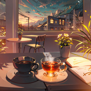 Healing cute style of natural landscape?vibrant illustrations??masterpiece?Warm and bright sunny atmosphere in the background?Beautiful scenes?Inside the caf�?Tables and chairs?Stylish espresso machine?houseplant?coffee?jazz