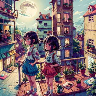 anime girl standing on a balcony looking at the moon, lofi girl, lofi artstyle, lofi, by Shingei, lofi art, lofi feel, calm night. digital illustration, lofi girl aesthetic, in front of a pale full moon, nighttime!!, by Kobayashi Kiyochika, at nighttime, lofi colors