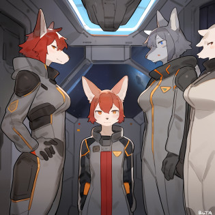 Group photo, grey uniform, grey uniforms, grey jumpsuit, grey spacesuit, female, facing viewer, standing shoulder to shoulder, standing in line, space, spaceship, window, by bebebebebe, (((by buta99))), canine, feline, hair, a diverse group of anthro characters standing shoulder to shoulder in grey spacesuit uniforms, body armor, red berets, red beret