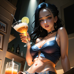body portrait, Jenyad, professional photographer, kodak, dressed woman,looking at viewer, open mouth,  full smile, wearing a dark blue top, blue mini-skirt, black collar,at nightfall, (brilliant cocktail in hand:1.3), (hdr:1.4), (hyper detailed cocktail:1.2), digital painting, (cinematic lighting:1.2), masterpiece, ultra-realistic 8k, perfect artwork, intrincate details, sharp focus, cute face, lights, colorful, award winning photograph (chillout atmosphere:1.3) <lora:jenyad_v1:1>