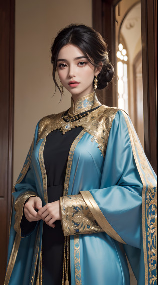(master piece: 1.3), (8k, photoreallistic, Photo brute, beste-Qualit: 1.4), (1fille), beau visage, (realistic face), (cheveux noire, cheveux long 1.3), belle coiffure, realistic eyes, beautiful detailed eyes brilliant European beauty, (realistic skin), belle peau, (tirer), absurdes, attrayant, ultra highres, ultra realist, highly�detailed, Golden Number wearing a full Moroccan Islamic caftan outfit