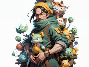 Aalfed man in headscarf and dragon shirt, Pengyin Yin J - Jiang Geping, Zeng Fanqian, Chen Xintong, Huang Huifeng, Liang Xing, Huang Guangjian, Leng Jun, Lin Xiang, Lin Qifeng, Luo Qisheng, Pan Chengwei, Wang Wei, Duan Xiang, Digital Painting, Mark Clairenden and Pixar and Hayao Miyazaki and Akira Toriyama 3D character design, the illustration is a 4K resolution HD illustration with very detailed facial features and cartoon style visuals.