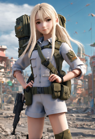 Girl from Ukraine , Ukraine anime girl , ..3d , Ukraine ,  Full body composition of a young woman with messy light blonde hair, maquiagem dos olhos, 11 anos, orelhas de gato, soft lighting, sozinho, vestido com um velho uniforme militar futurista rasgado e esfarrapado, cat's paw badge, Posar, cores manchadas, octan render, Detalhe intrincado hiperrealista, cinemactic, 8K resolution, 70mm, highlight lighting, global ilumination, retrato de corpo inteiro, limpar rostos detalhados, roupas intrincadas, cara bonito, peito achatado, cintura fina, pernas finas, quadris pequenos