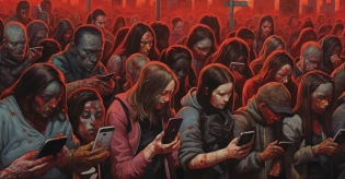zombies in a street holding cell phones in one hand, in the style of hauntingly beautiful illustrations, gerard sekoto, post-internet art, anime art, haunting images, cartoon violence, detailed crowd scenes --ar 25:13