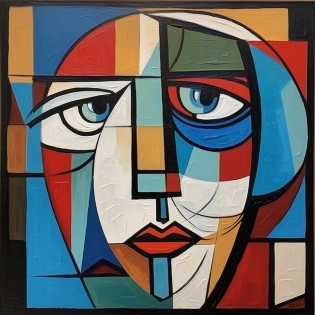 woman's face, pable picasso, cubism, vibrant colors --ar 1:1 --quality 2 --s 750 --v 5. 1