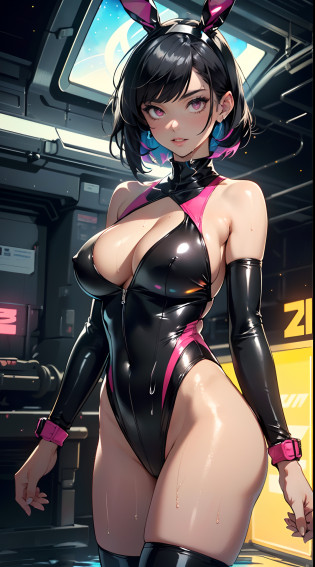 cute bunny girl,(((1girl))),((bunny girl with extremely cute and beautiful black hair)),(((bunny girl,anthro furry cute,bunny-girl,bunny ears,bunny ears on head,big bunny ears))),


(large breasts:1.4),saggy breasts,(((black hair:1.35,colored inner hair,ear breathing,short hair))),(((neon_pink_eyes1.3))),intricate eyes,beautiful detailed eyes,symmetrical eyes,((fat)),(((lustrous skin:1.5,bright skin: 1.5,skin tanned,shiny skin,very shiny skin,shiny body,plastic glitter skin,exaggerated shiny skin,illuminated skin,wet legs))),(spider lower abdomen,narrow waist,wide hip,athletic body,inflated legs,detailed body,(detailed face)),

cute,slutty,seductive,erotic,(((nsfw))),

zettai ryouiki,((slingshot swimsuit black,wearing a slingshot swimsuit outfit:1.3,swimsuit type spacesuit,black armor swimsuit:1.3)),(((huge cleavage))),((wet clothes,intricate outfit,intricate clothes)),

(dynamic pose:1.0),solo focus,embarrassed,(centered,scale to fit dimensions,Rule of thirds),

cyberpunk city by the ocean at night, with bright neon signs and dark stormy clouds and puddles, scenery:1.25,

highres, sharp focus, (ultra detailed, extremely detailed), (photorealistic artwork:1.37),(extremely detailed CG unity 8k wallpaper),((synthwave background theme)),(((vibrant colors))),(intricate background),(masterpiece),(best quality),