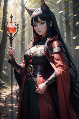 A beautiful child Kitsune sorceress with long black hair and red eyes complete in Forest, with red coat and a staff in hand and a red and black fox anime style mascot 32k resolution, best quality, masterpiece, natural light, amazingly detailed, 8k resolution, fantasy art, detailed painting, hyperrealism, photorealistic, cargilar, beautiful intricately detailed, amazingly detailed, natural skin, smooth perfect impressionistic compositing, award winning photography