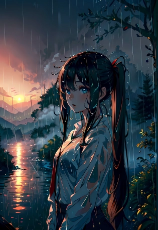 Ultra-detailed, 1girl, Masterpiece, best quality, pretty, beautiful, young, stunning, attractive, wonder, unrealistic, black hair, twintail, long hair, top of mountain, wonderful landscape, fantastic scenery, (rain, foggy:1. 4), flood, <lora:conceptSceneryScene_v10:0. 3>, <lora:add_detail:1>, 8k, UHD, HDR, (Masterpiece:1. 5), (best quality:1. 5)