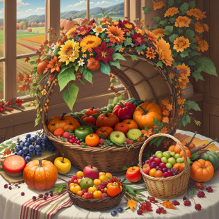 there is a painting of a table with a basket of fruit and flowers, harvest fall vibrance, harvest fall vibrancy, harvest, by Laura Wheeler Waring, renaissance autumnal, the goddess of autumn harvest, fruit and flowers, cornucopia, fall vibrancy, overflowing feast buffet table, autumn tranquility, rural splendor, by Carol Bove, by Nancy Graves