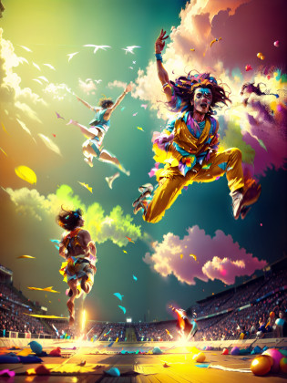 they are two men jumping in the air on stage, colorful, screaming into air, leaping into the air, concert photography from the 70s, flying through the air, mid air, levitating above the ground, mana in the air, floating in mid - air, floating in the air, live 1 9 8 6, jumping towards viewer, floating in air